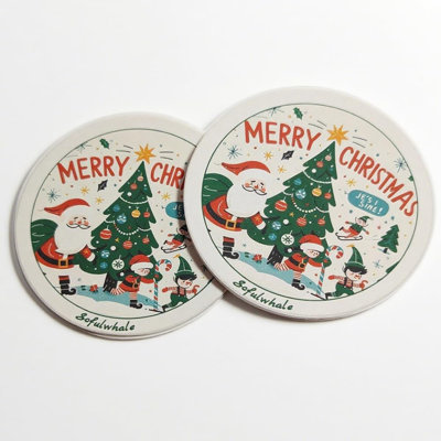2 Pcs  Christmas Ceramic Drink Coasters With Festive Holiday Design, Green Box Gift Set, Suitable For Kinds Of Cups