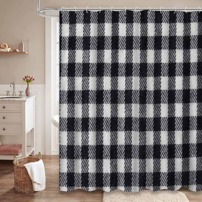 Black Gingham Checked Fabric White Shower Curtain with 12 Hooks
