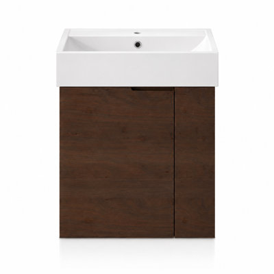 21.6" Brown Floating Single Bathroom Vanity with Ceramic Sink and Soft-Close Doors