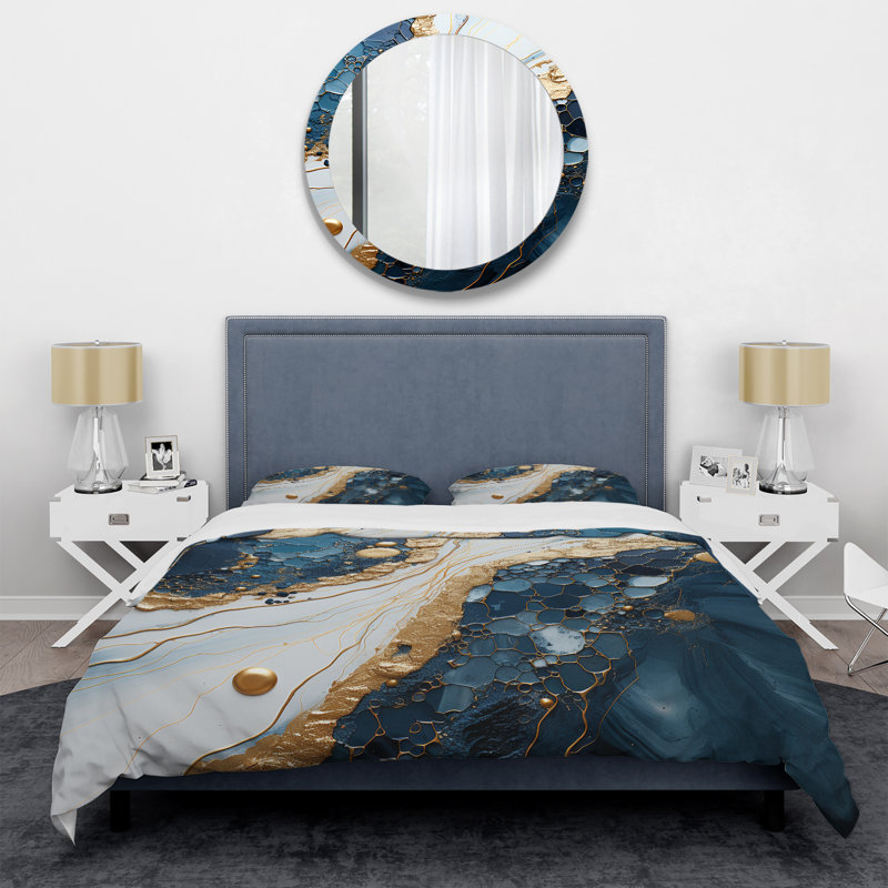 Ensemble de housse de couette or et bleu, Housse de couette pour grand lit et 2 taies décor