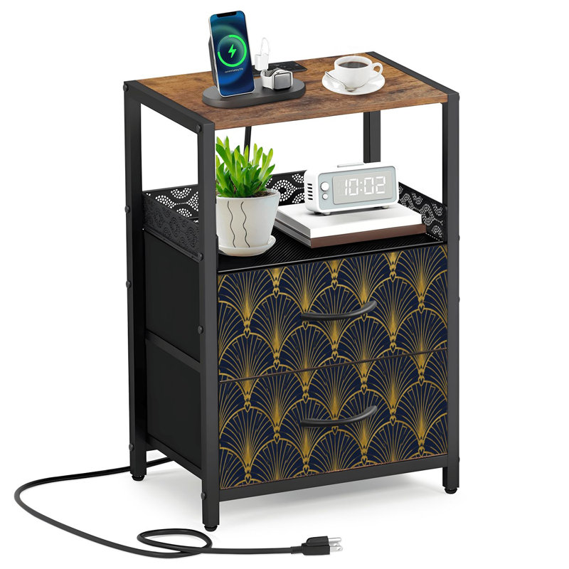 Table de chevet 2 tiroirs en tissu avec station de charge