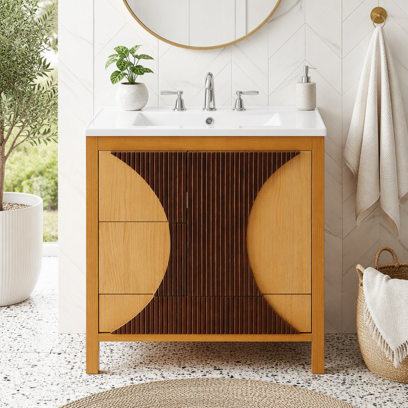 Meuble-lavabo de salle de bain cannelé 30 po avec lavabo, Bois - 1 tiroir