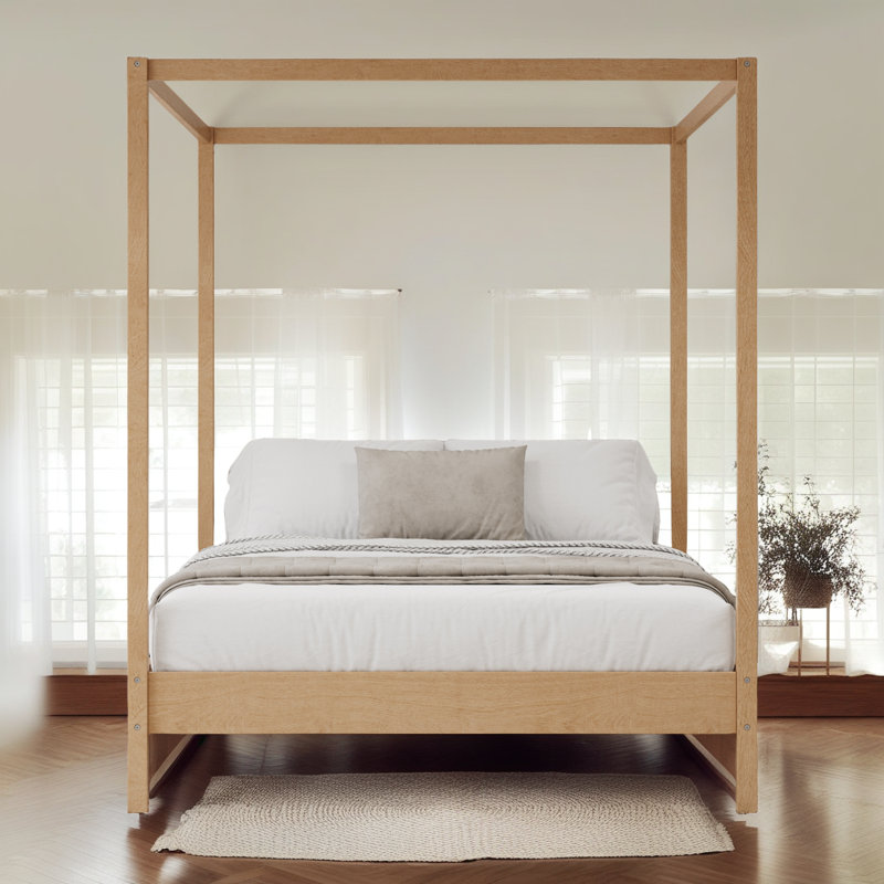 ?Elegant Canopy Bed Frame – 4-Poster Platform Bed with Slats, No Box Spring Needed?, Queen, Natural