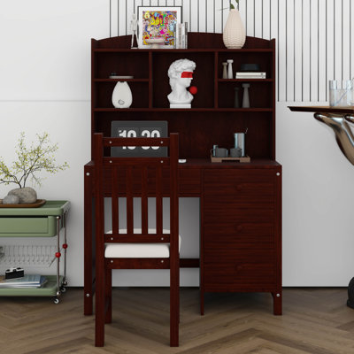Ensemble de bureau de direction 40 po et chaise rembourrée avec bibliothèque, bureau d'ordinateur à quatre tiroirs, tablette de rangement et chaise