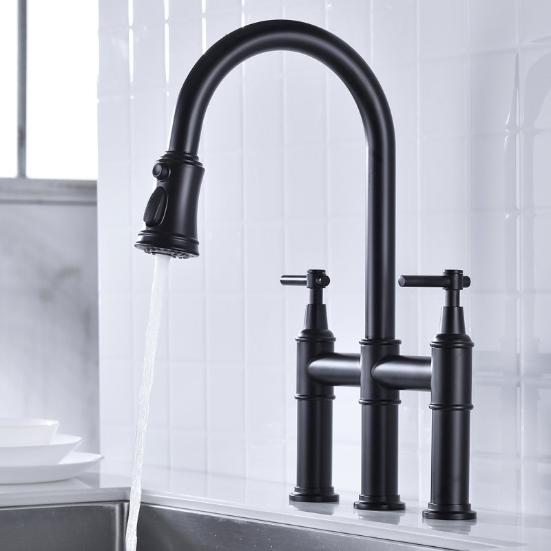 Matte Black Pull-Down Kitchen Faucet - Dual Handles For Precise Temperature And Flow Regulation 360-Degree Rotating High Nozzle Enlarged Cleaning Reach Brass Made Durability Bridge Effortless Handle
