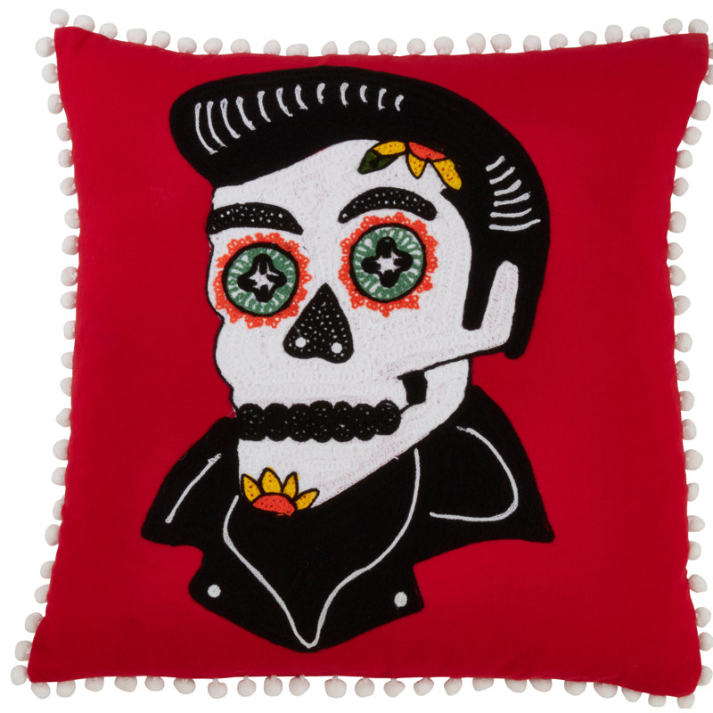 Red Cotton Sugar Skull Pillow Cover with Tassels