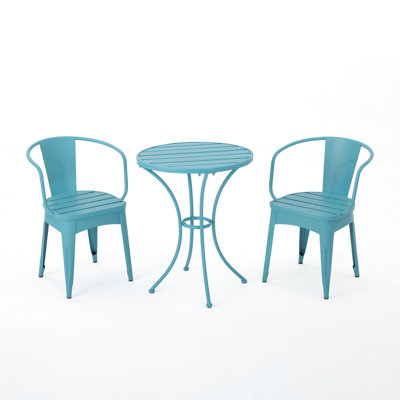Outdoor Blue 3 Pc Kd Metal Bistro . Powder Coated Iron, Long-Lasting. Chair: 18/30" H X 16.25/20" W 16.25/20.5" D. Table: 30" 23.59" D For Outdoors. Strong.