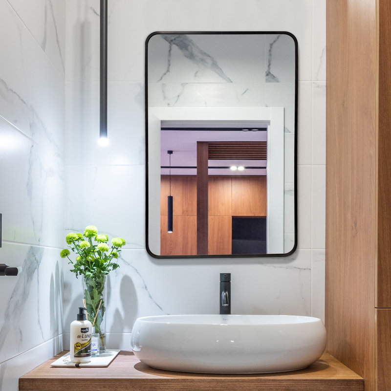 Rectangular Metal Flat Wall Vanity Mirror with Aluminum Frame for Bathroom, Bedroom, Living Room, or Entryway, Black
