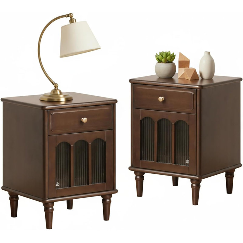 23"H Traditional Solid Wood Nightstand Set with Fluted Glass Doors, Storage Drawer, Set of 2, Poplar & Expresso