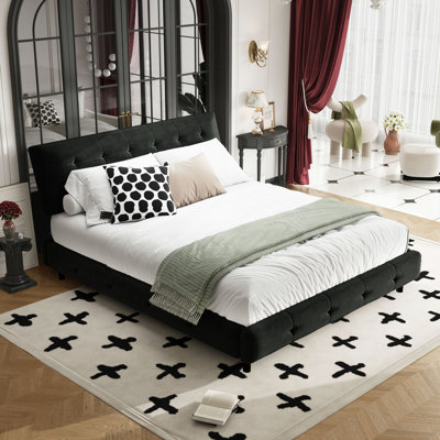 Structure de lit, tête de lit capitonnée avec un coussin extra-large, lit plateforme en chenille avec support double en lattes de métal et de bois, solide et stable, silencieux