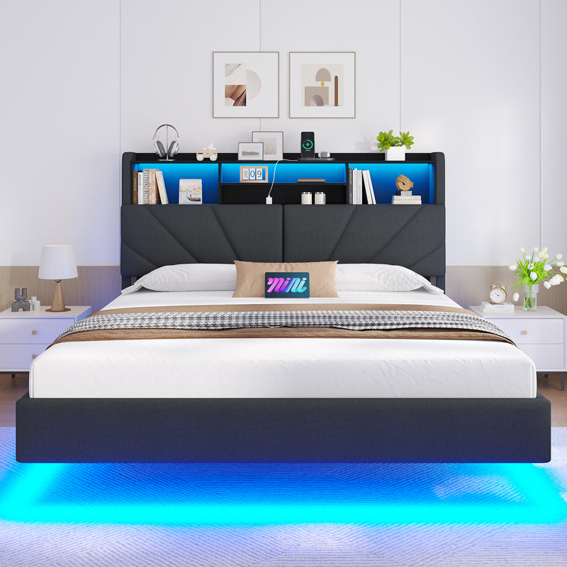 Floating Bed Frame with Charging Station, LED Lights and Upholstered Headboard for Bedroom, Modern Floating Beds with Hidden Storage Compartment, No Box Spring Needed