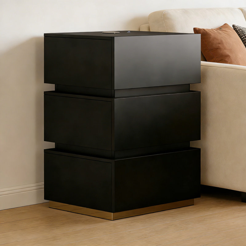 3-Drawer LED Smart Nightstand with Light, Black