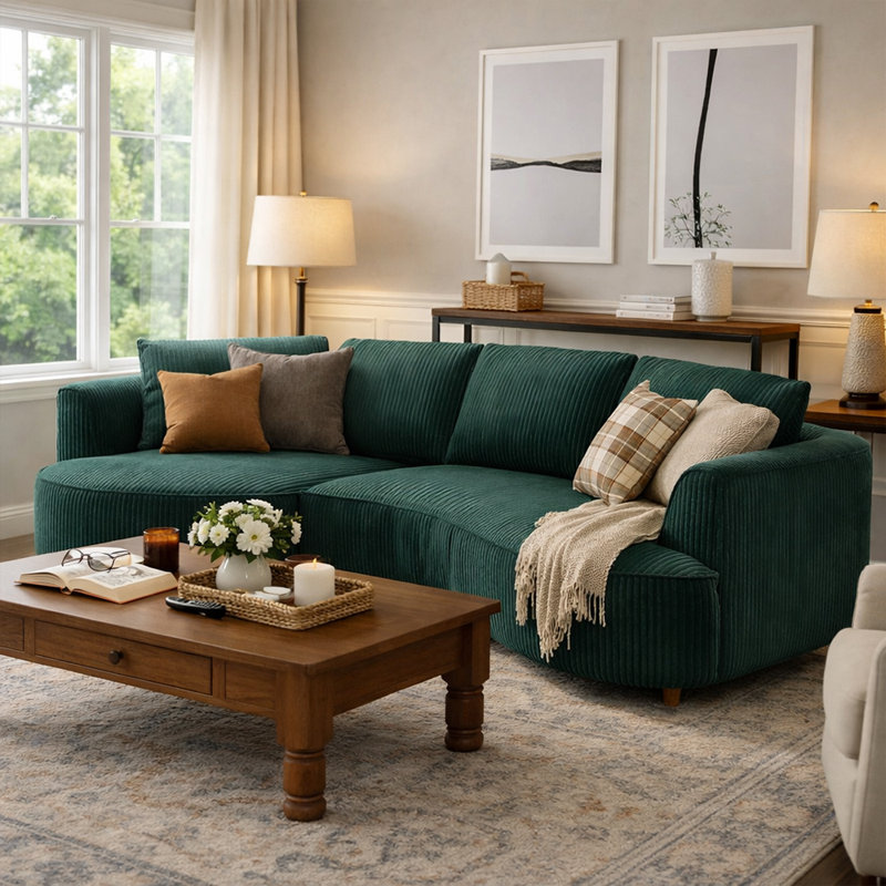122" Modern Curved Sofa Couch with Chaise,Upholstery Corduroy Sectional Sofa, Left Hand Facing, Green Corduroy