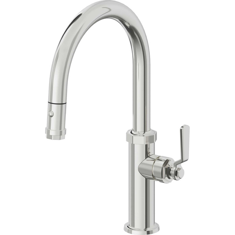 Pull-Down Kitchen Faucet With Button Sprayer - Low Arc Spout, Polished Brass
