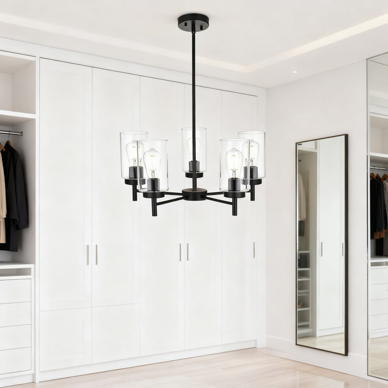 Lustre industriel moderne à 5 lumières avec abat-jour en verre transparent, hauteur de suspension réglable pour le vestibule de l'îlot de cuisine de la salle à manger et l'éclairage du plafond du vestibule