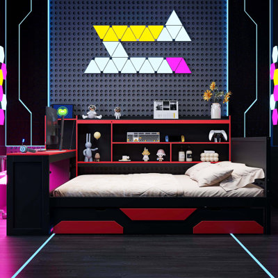 Queen Size Gaming Daybed With Integrated Desk And Lights, Modern Wooden Bed Frame With 3 Storage Drawers And Built-In Charging Station, Multi-Functional Headboard Bookcase, Black+Blue