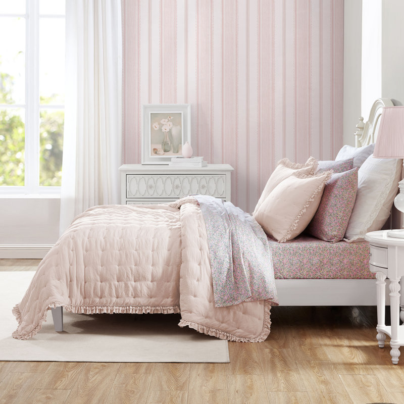 Hailee Pink Microfiber Twin Quilt Set with Ruffles