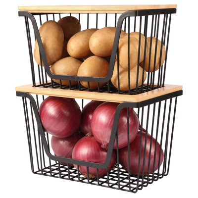 2 Pack Stackable Potato Storage Bins - Large Wire Pantry Organizers, Fruit & Vegetable Storage Baskets for Kitchen/Pantry