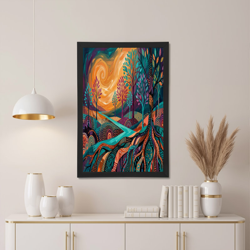 Art mural sur toile bleu sarcelle et arbres mauves sur fond de ciel orange tourbillonnant, H 32 po x l 48 po