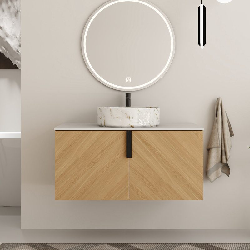  Ensemble de meuble-lavabo simple 36 po avec plateau en pierre et lavabo vasque en céramique Caldicot, Blanc / doré, 36"