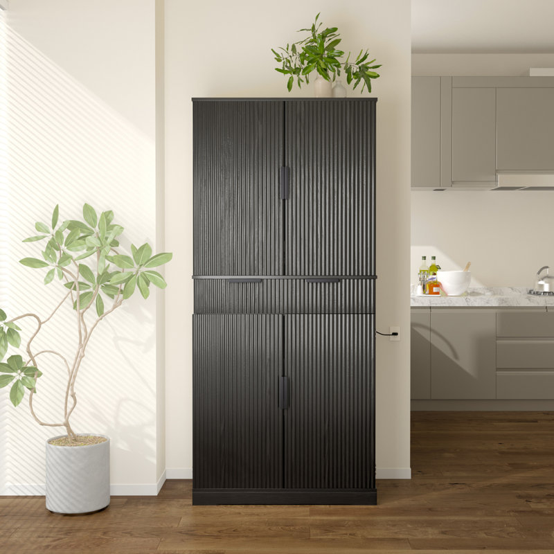 72" Fluted Kitchen Pantry Cabinet With 3 Keyboard Drawers & 6 Door Shelves Adjustable, Black