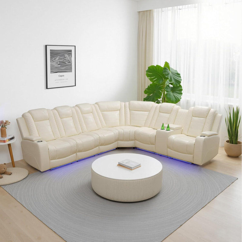 Ensemble de canapé modulaire inclinable électrique en cuir 3 pièces, Similicuir crème, H 41 po x l 110 po x P 100 po