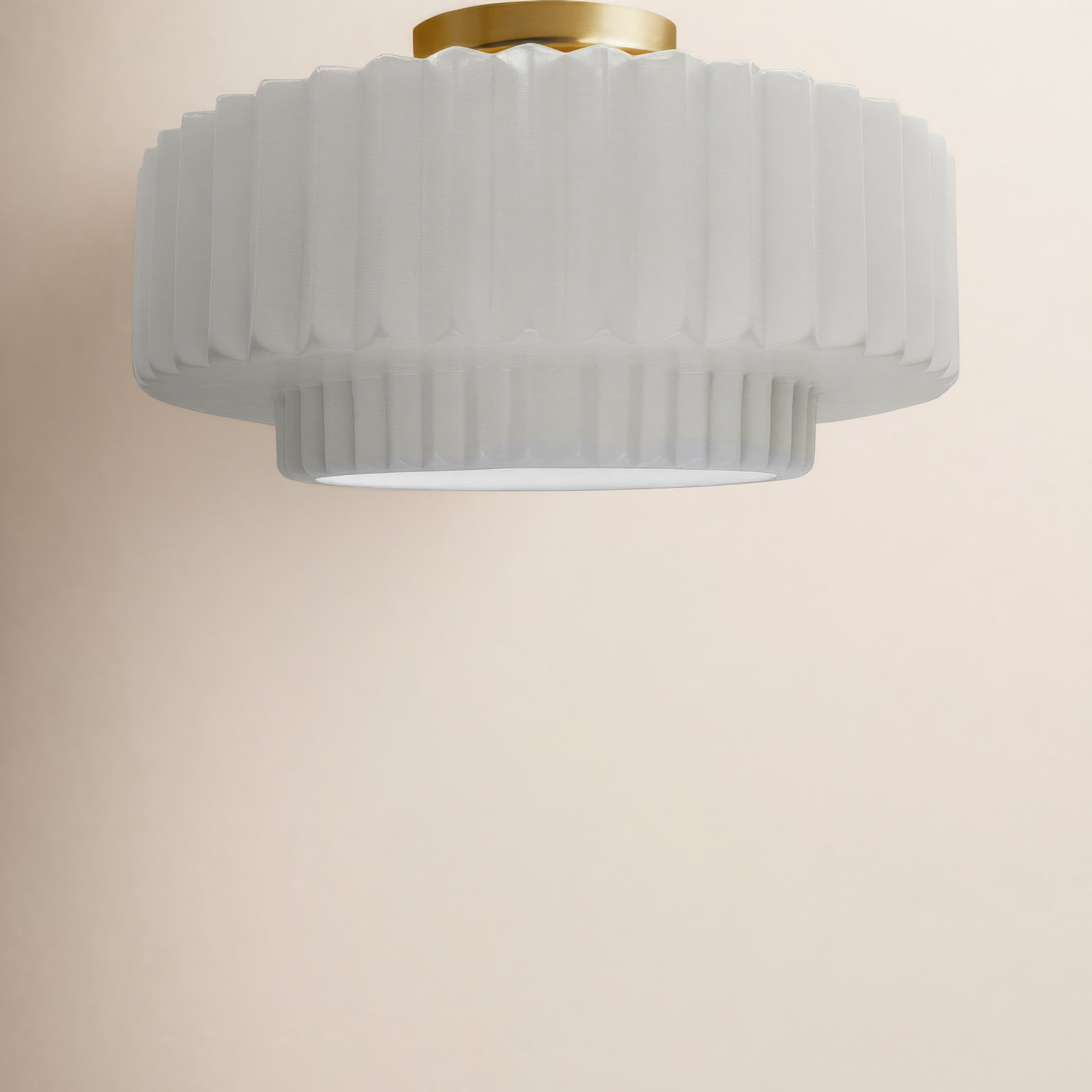 Single Light Ceramic LED Semi Flush Mount, 7.25" H x 14.5" W x 14.5" D, Bisque, Brushed Brass