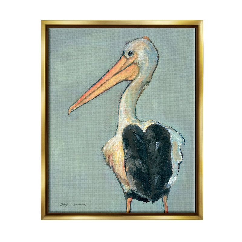 Pélican, faune - peinture, H 21 po x l 17 po x P 1,7 po, Cadre flottant métallique doré