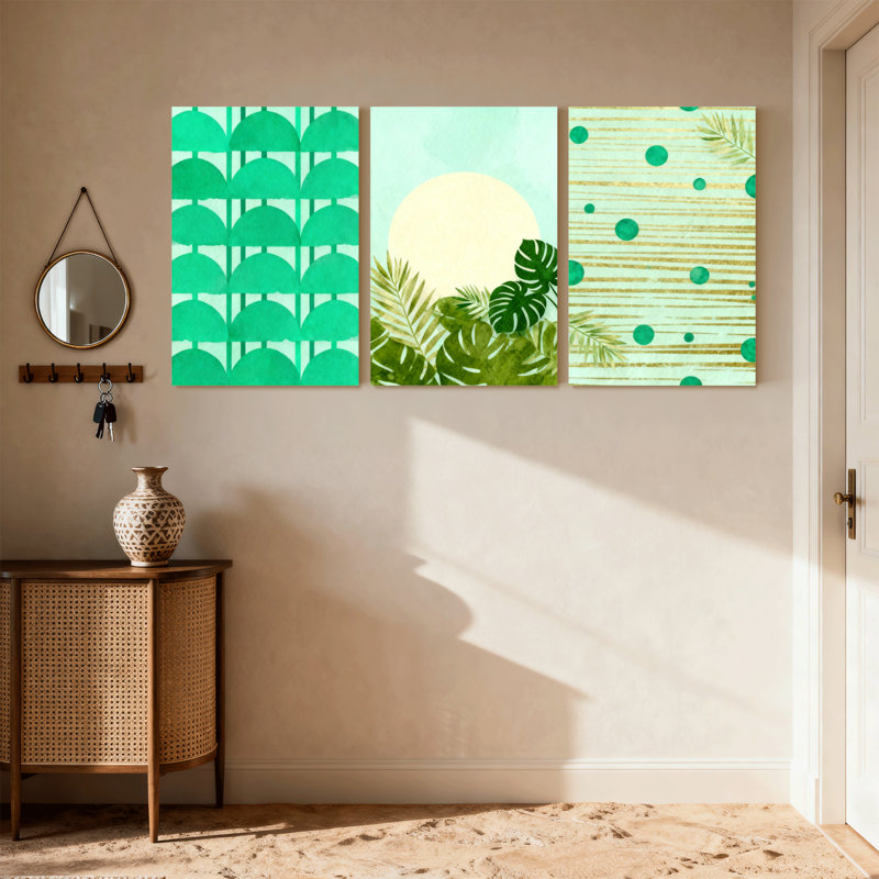Ensemble de 3 reproductions d'art contemporain sur toile à motif géométrique de feuilles vertes, H 18 po x l 36 po