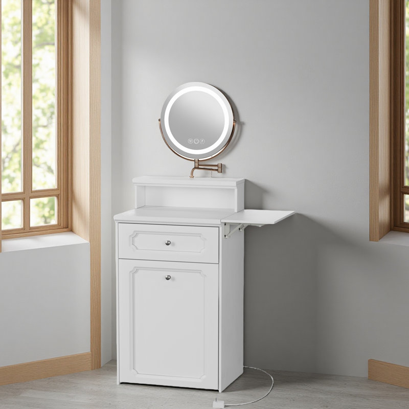 Bureau de coiffeuse avec miroir rond et lumières, table de chevet 2 en 1, coiffeuse et fauteuil