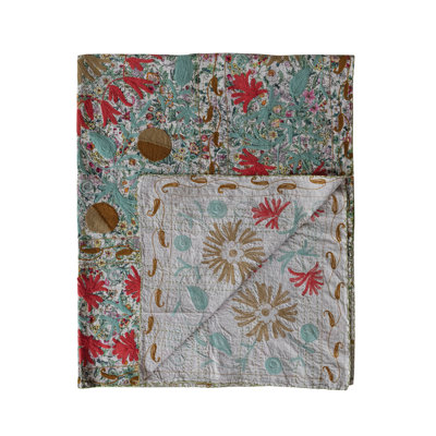 Stonewashed Cotton Voile Printed Throw With Suzani Pattern And Hand-Embroidered Kantha Stitch