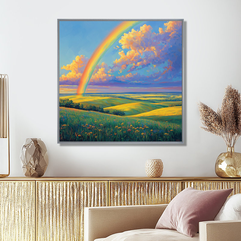 «Giel Rainbow Over The Windy Plains I», art mural arc-en-ciel, Impression encadrée flottante, Argent argent