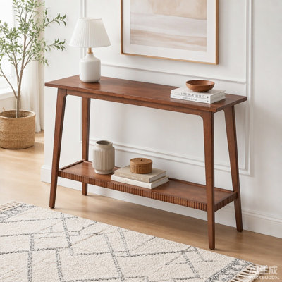 Solid Wood 2-Tier Entryway Sofa Table with Storage Shelf