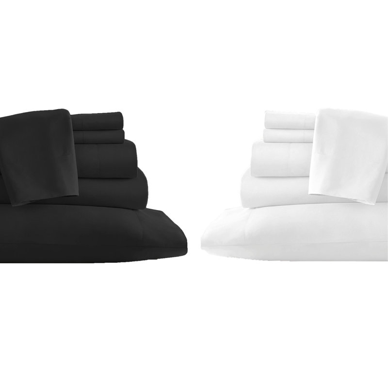 Rayon Sheet Set, Twin Sheet Set + 1 Fitted Sheet + 4 Pillowcases, White/Black