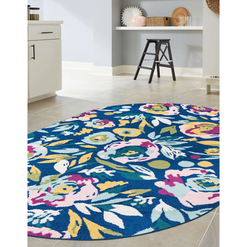 Tapis floral bleu marine / jaune / mauve / rose Holle, Ovale 7 pi 10 po x 10 pi