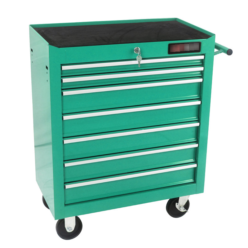 Chariot à outils 7 tiroirs avec roulettes et serrure, capacité de glissement de 15 kg, acier laminé à froid, thermolaqué, chariot de frein de 4 po à 2 po, verrouillable, caractéristique distincte de l'acier,