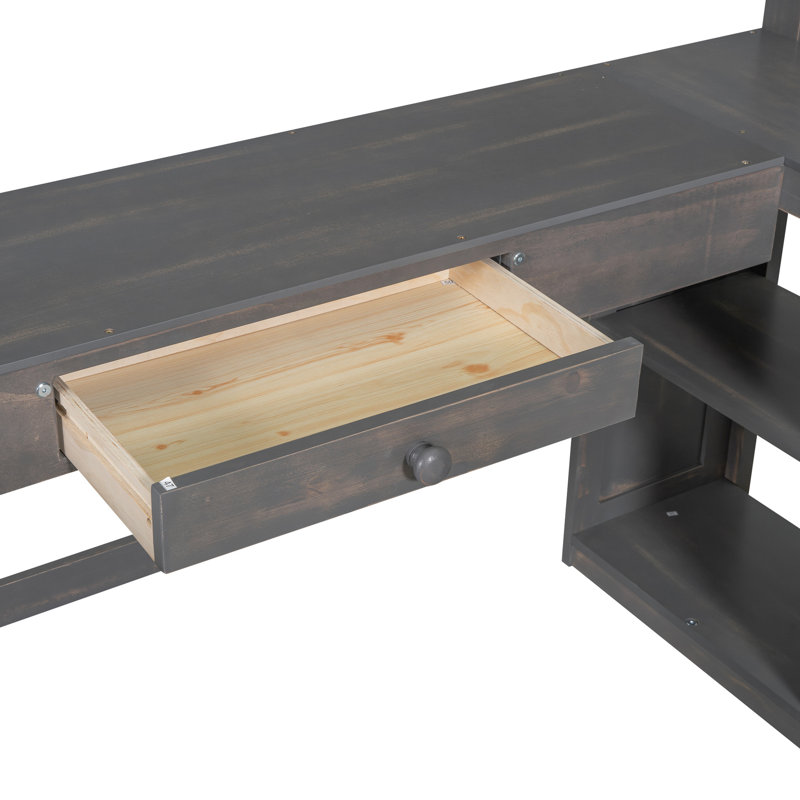 Lit mezzanine simple avec bureau en U, tiroirs et bacs de rangement brun antique