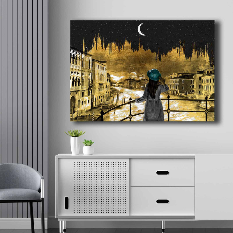 Stunning Decorative Canvas Painting, 27.6 x 39.4 inches | 100% Canvas (Thickness: 0.11 in) & 100% Pine Wood Frame (Thickness: 0.87 in) | Elegant Gold, Blue, White & Black Colors | Perfect for Home Decor & Gallery Walls