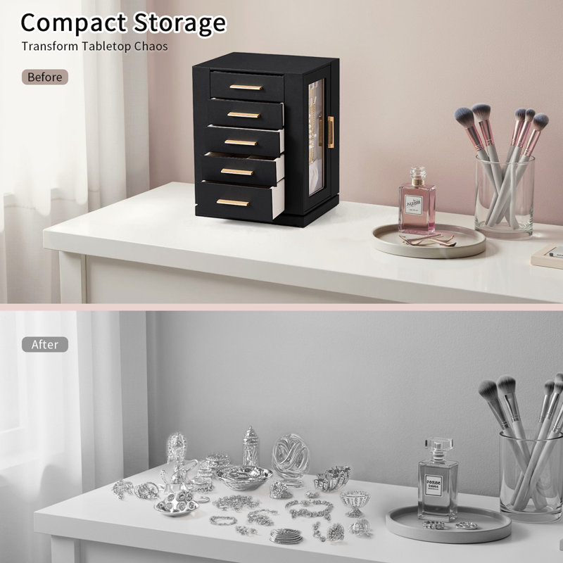 Boîte à bijoux rotative 360 ° avec 5 tiroirs - armoire noire et intérieur en velours rose