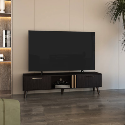 Meuble télé de 63 po de largeur avec deux armoires escamotables et un design fonctionnel - Poteau de présentation spacieux en chêne noir