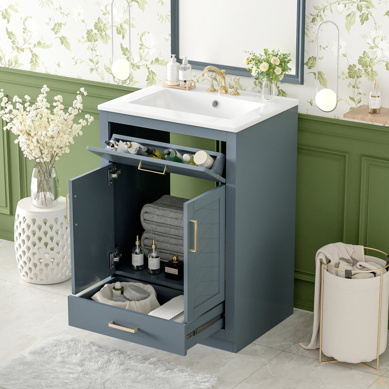 Meuble-lavabo 24 po avec lavabo en céramique intégré, armoire de salle de bain avec 2 portes, 1 tiroir basculant et meuble-lavabo simple