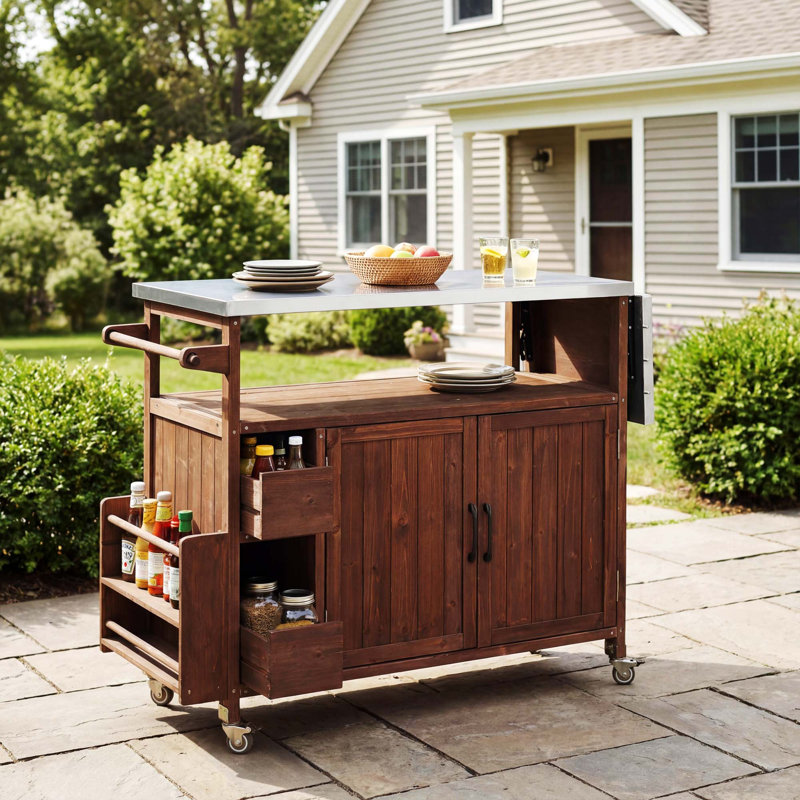 54.33" Farmhouse Rolling Outdoor Kitchen Cart, Solid Wood Frame With Stainless Steel Top, Spice Rack, Towel Rack, Lockable Wheels & Multi-Functional Storage For Patio, Backyard BBQ & Kitchen