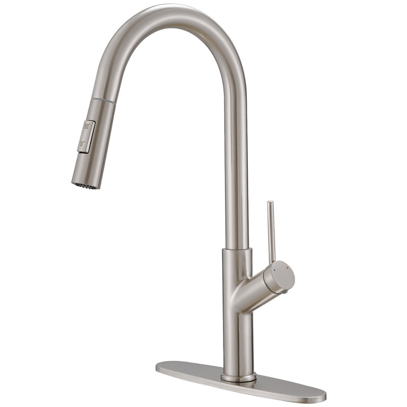 Robinet de cuisine à un trou avec douchette extractible et robinets d'évier de cuisine à poignée simple, Nickel brossé