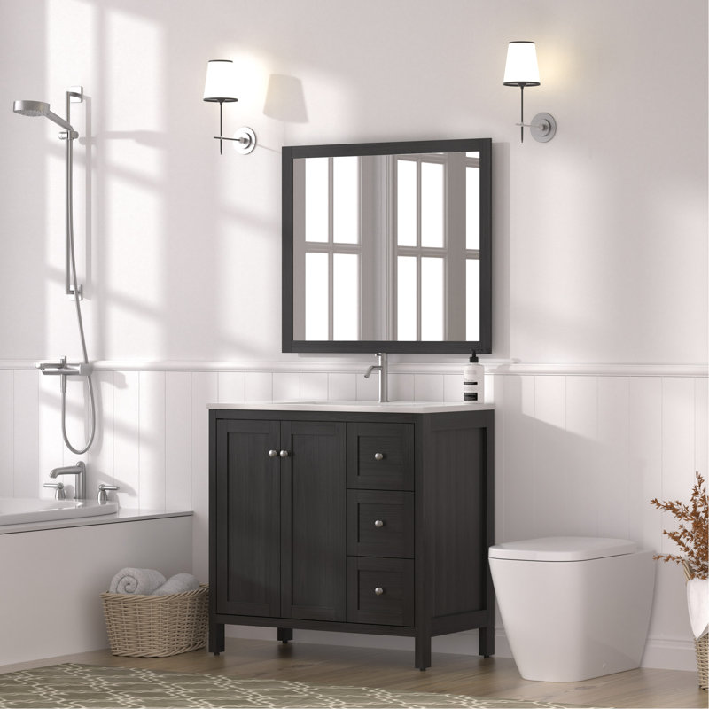 Meuble-lavabo de 35,5 po, noir, lavabo en résine, armoire spacieuse, charnières, surface imperméable, tiroirs de conception américaine, conception à éclaboussures, fabrication en contreplaqué, durabilité