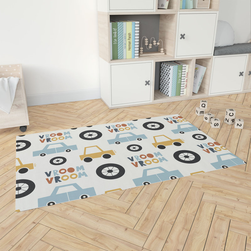 Vroom vroom Colorized Kids Play Mat, Rectangle 36" x 60", Ivory/Gold/Orange