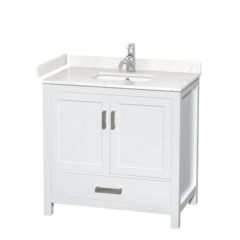 Meuble-lavabo simple avec plateau en marbre Sheffield, Marbre de culture de Carrare, Blanc, 36"