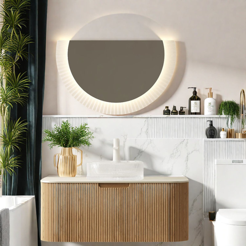 Meuble-lavabo peu encombrant avec meuble-lavabo en bois naturel et lavabo en verre, style rustique moderne pour la maison