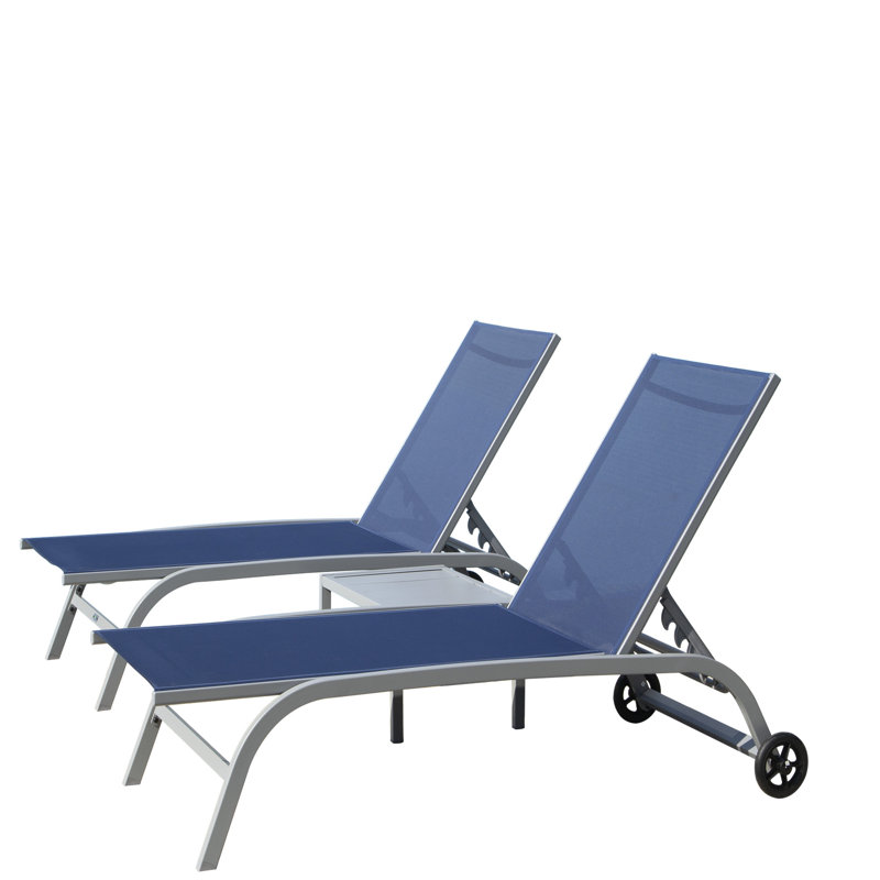 Chaise longue d'extérieur bleue - 5 positions réglables, aluminium, tissu, roues pour la mobilité, chaises de patio de piscine toutes saisons