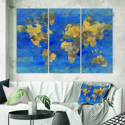 " Golden Glam World Map " 3 - Pieces Painting Print
