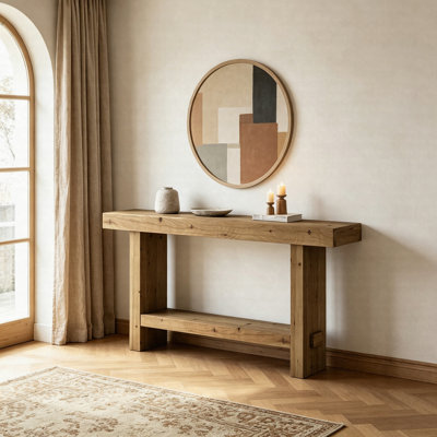 Table console 63 po en bois massif, canapé d'entrée étroit à 2 niveaux pour couloir et salon